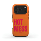 An orange phone case with a bold pink graphic that reads 'HOT MESS' and a small 'DROP' logo, shown on a clean white background.